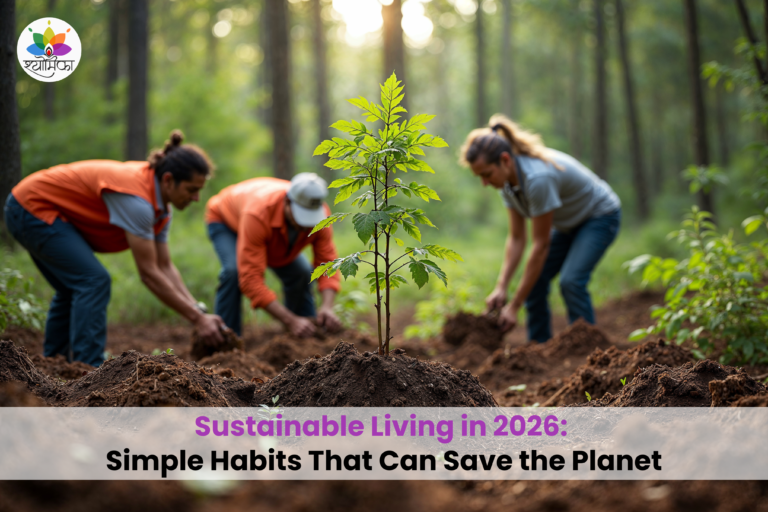 People planting a young tree in a forest, representing sustainable living and environmental conservation in 2026.