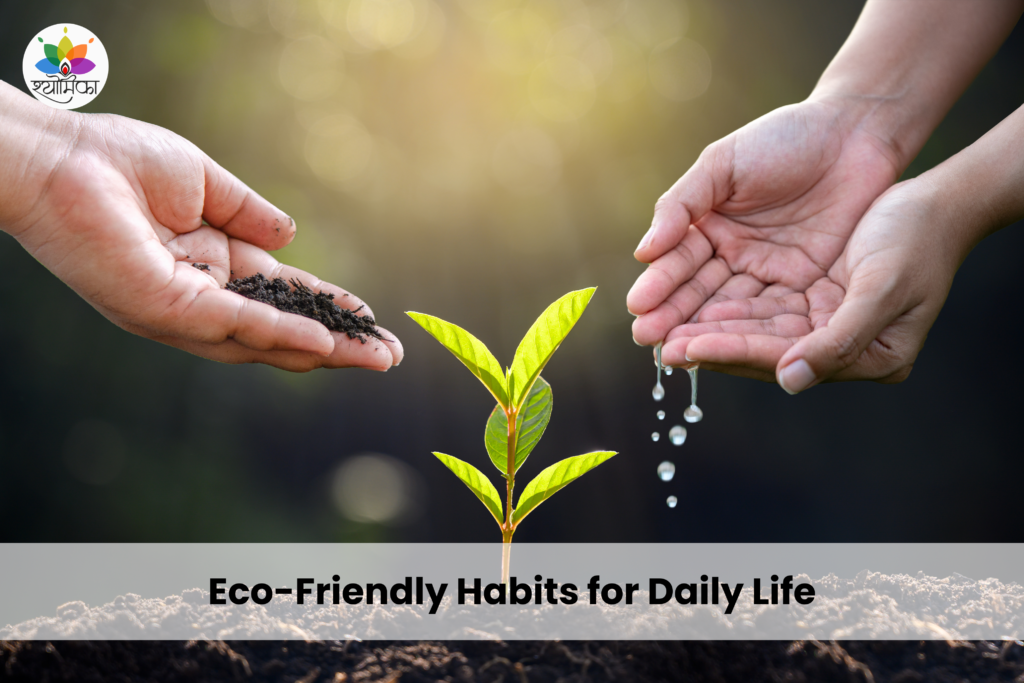 Hands nurturing a young plant with soil and water, symbolizing eco-friendly habits, sustainability and environmental care.