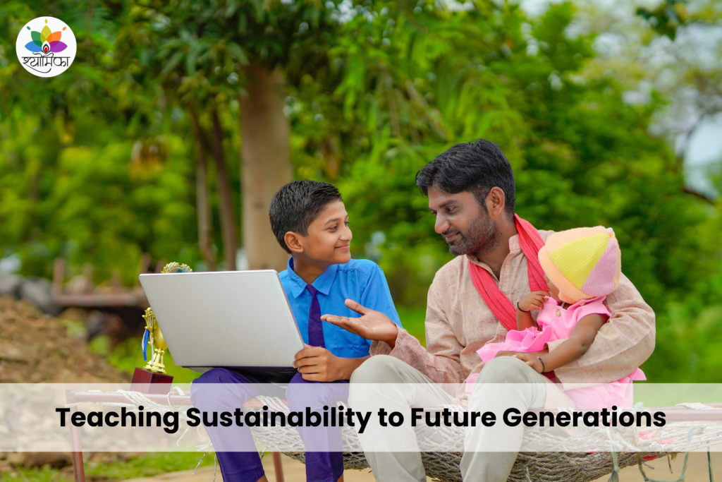 A father teaching a young student on a laptop while holding a child, highlighting sustainability education and learning for future generations.