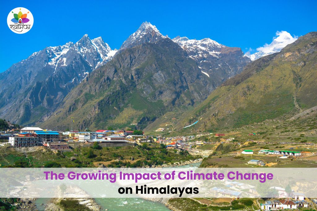 Himalayan mountain landscape with a riverside settlement showing the growing impact of climate change on ecosystems, water resources, and local communities.