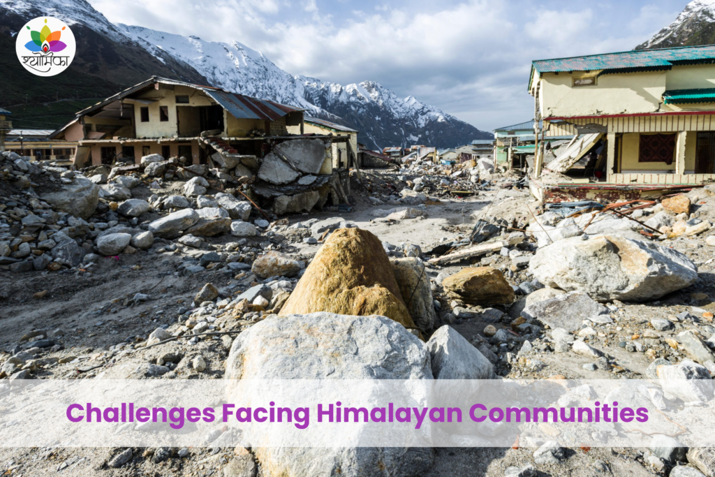Damaged homes and infrastructure in a Himalayan village highlighting the impact of climate change, natural disasters, and environmental vulnerability on mountain communities.