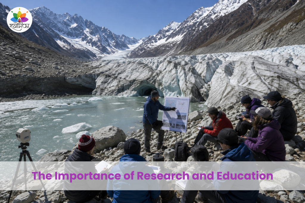 Researchers and students conducting glacier studies in the Himalayas to understand climate change impacts and support environmental education.