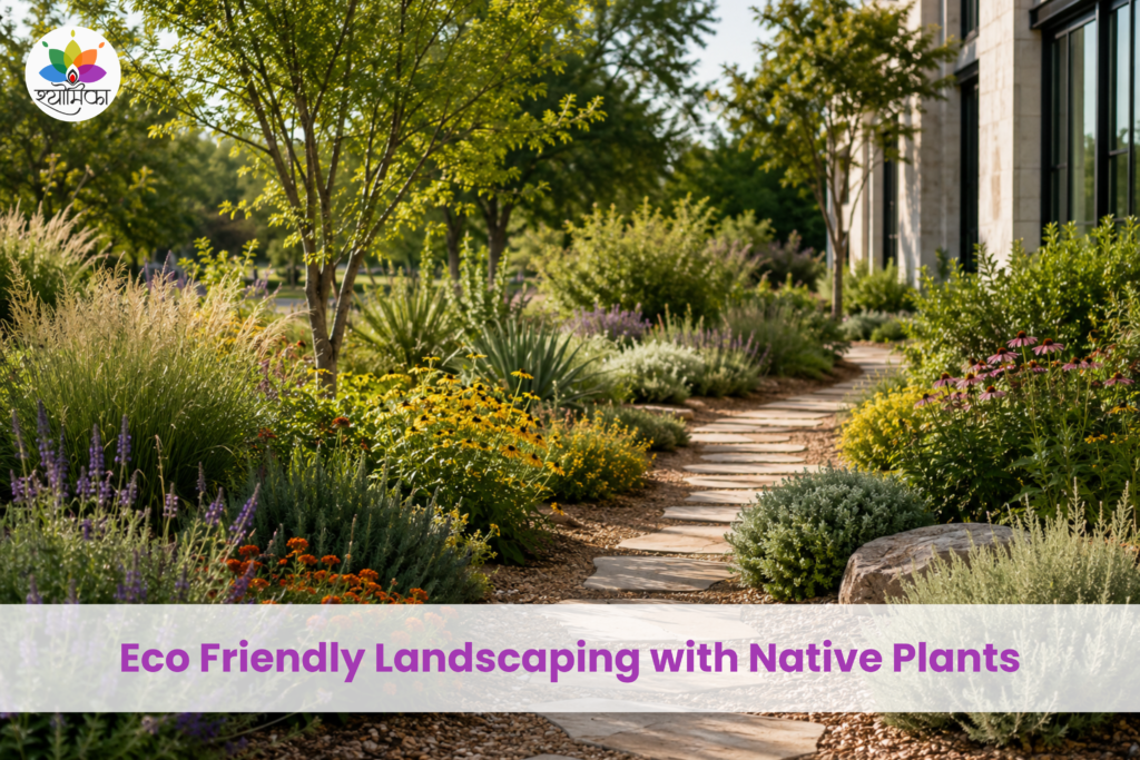 A landscaped garden featuring native trees, flowering plants, ornamental grasses, shrubs, and a winding stone pathway, demonstrating eco-friendly landscaping with native plants.