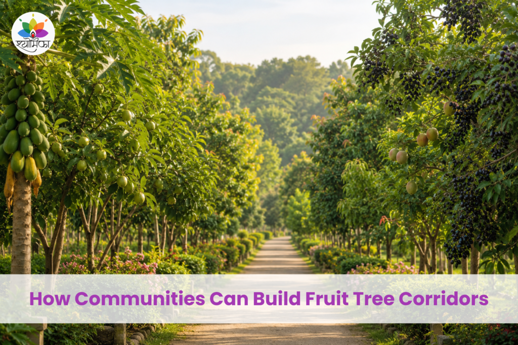 Fruit tree corridor with papaya, mango, and jamun trees along a landscaped pathway.