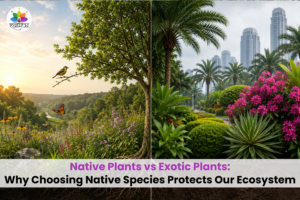Side-by-side comparison of a thriving native landscape supporting birds, butterflies, and wildflowers versus an ornamental garden with exotic plants in an urban setting.