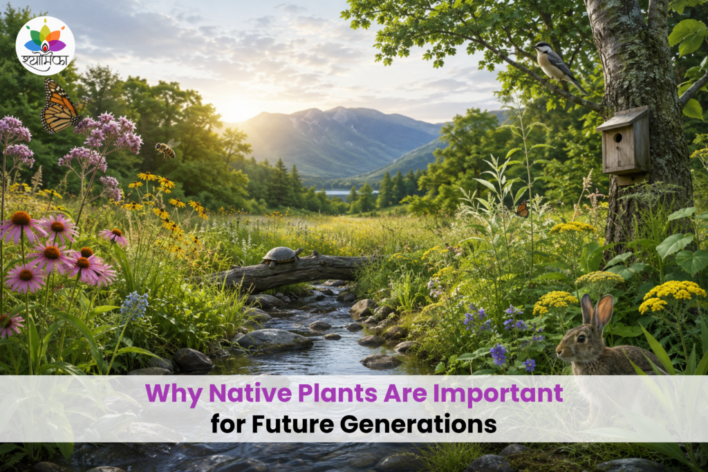 Illustration of a thriving native ecosystem featuring a wildflower meadow, flowing stream, mature native trees, butterflies, bees, a bird in a nesting box, a rabbit, and a turtle, highlighting how native plants support biodiversity and healthy habitats for future generations.