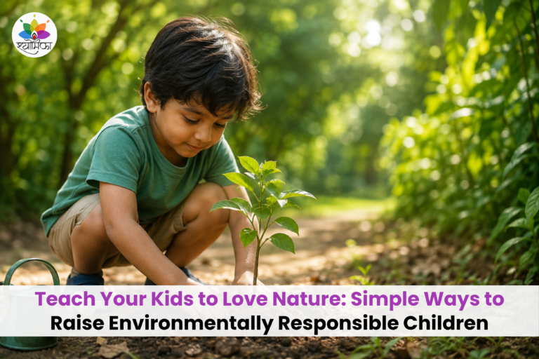 A young child plants a small tree in a lush forest setting, with a watering can nearby. The scene represents teaching children about nature, gardening, and environmental responsibility.