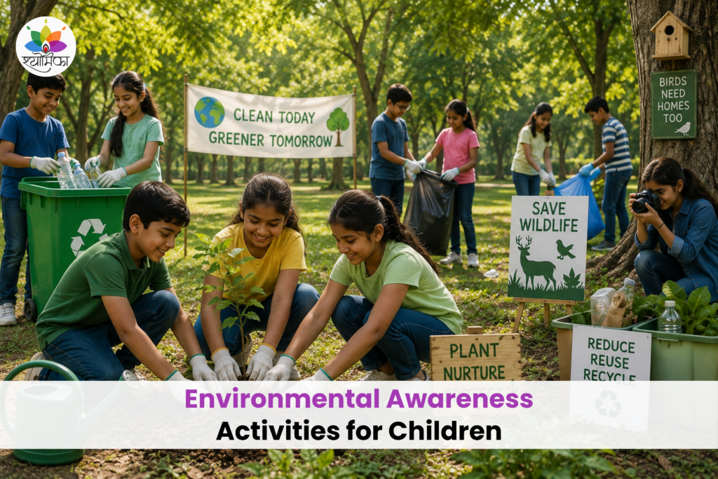 Children planting trees, recycling, and cleaning a park during an environmental awareness activity.