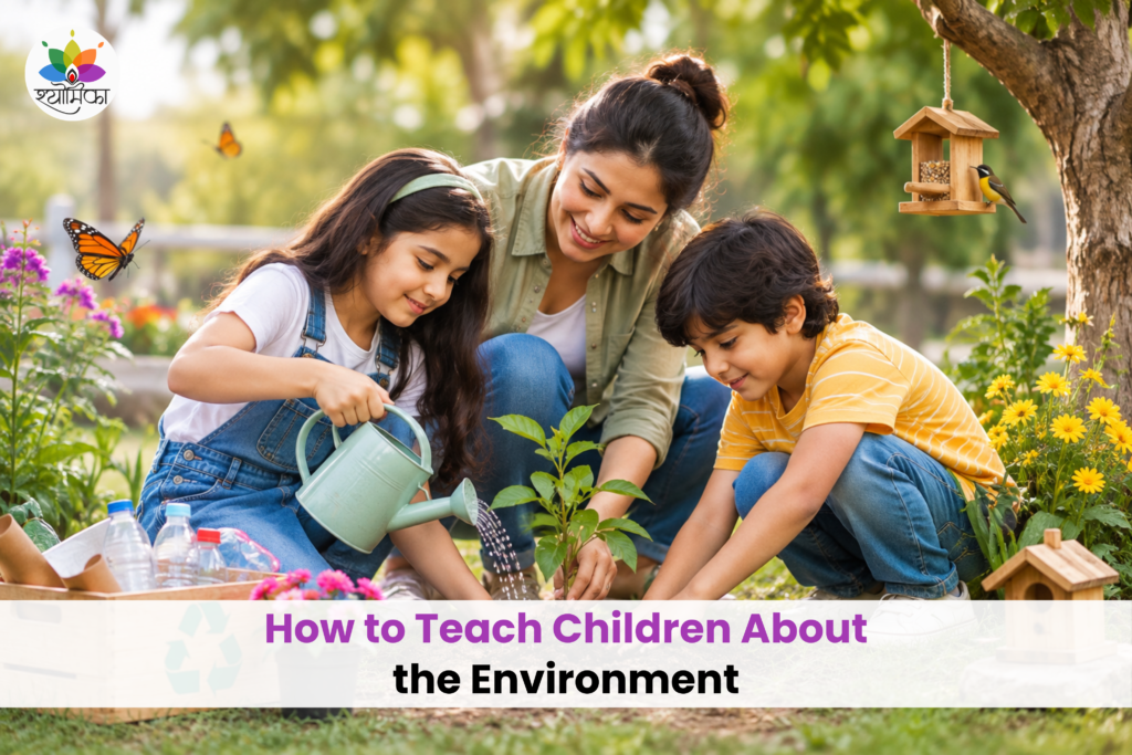A mother and two children watering and planting a young tree in a garden.