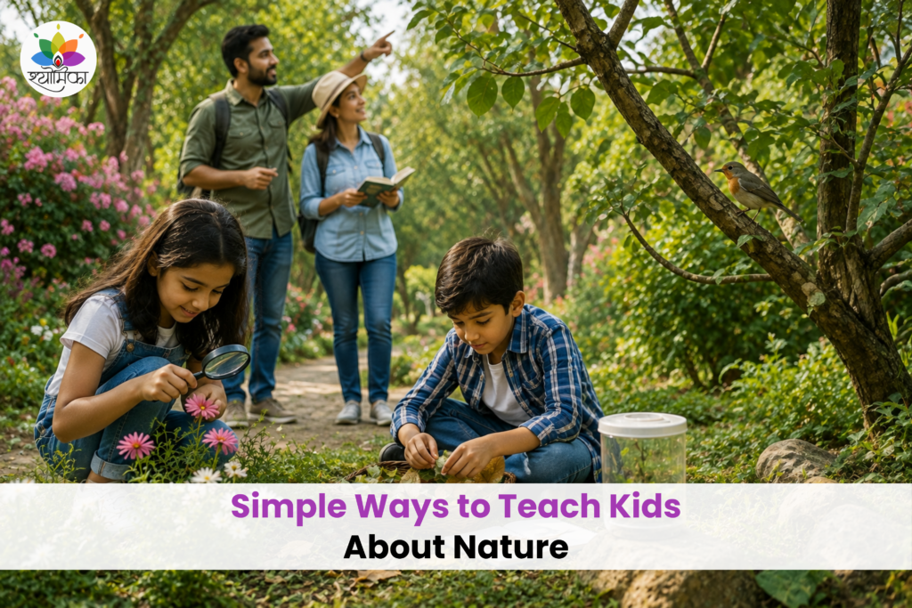 Children exploring nature with magnifying glasses while adults observe birds and plants in a garden.